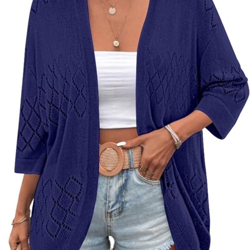 Zeagoo Navy Blue Pointelle Knit Open Front Cardigan - Size L - Picture 2 of 5